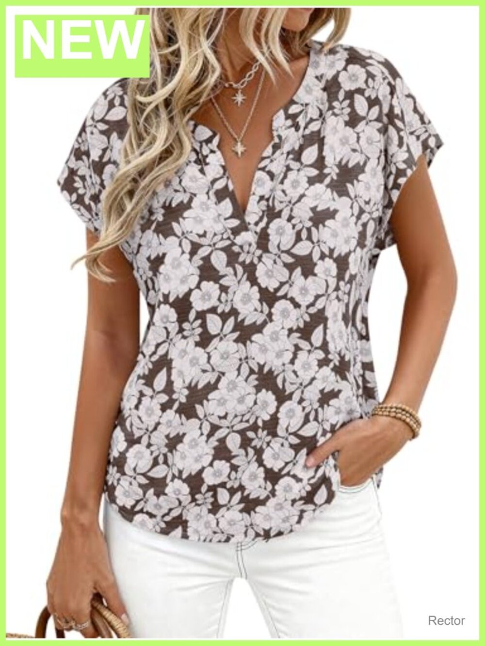 Womens Floral V-Neck Short Sleeve T-Shirt Loose Fit Casual Blouse